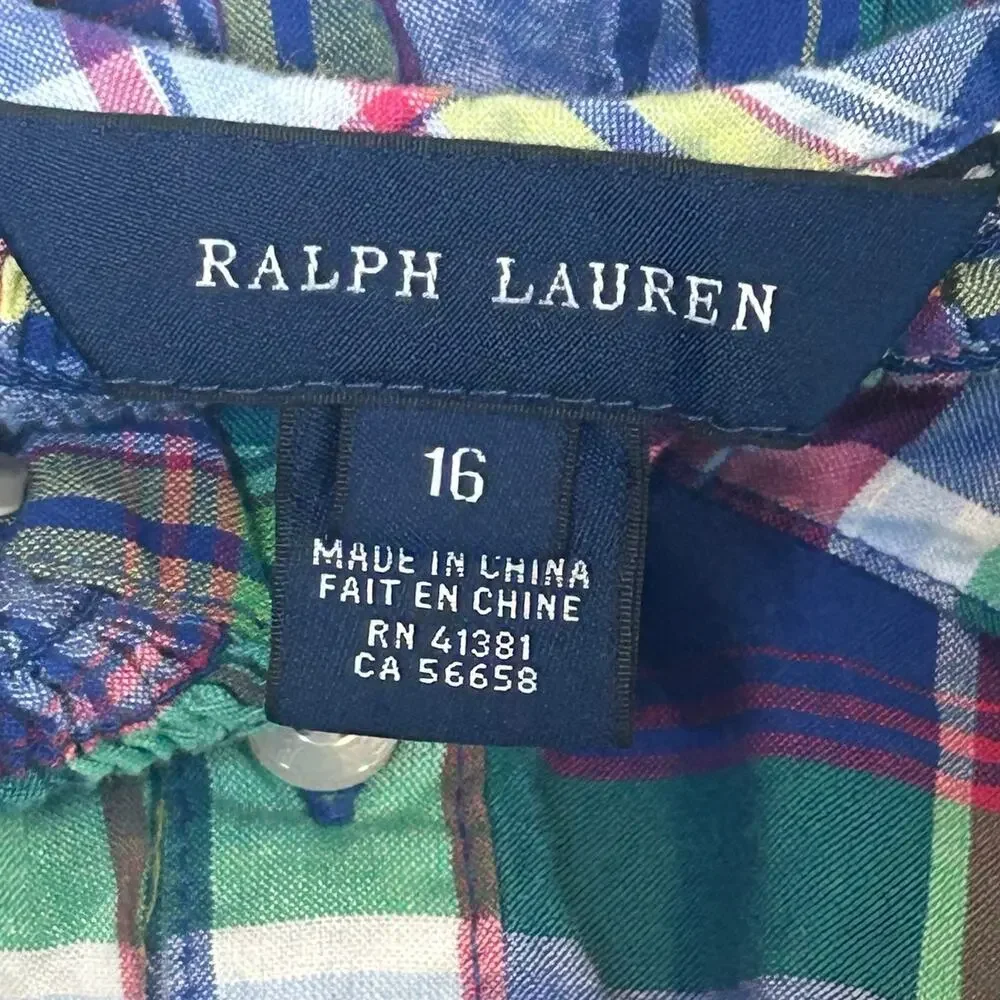 Ralph Lauren girls adjustable sleeve cotton blue plaid preppy smocked dress 16